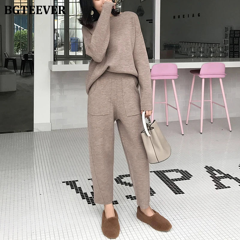 2021 Winter Casual Thick Sweater Tracksuits O-Neck Jumpers & Elastic Waist Pants Suit Female Knitted 2 Pieces Set