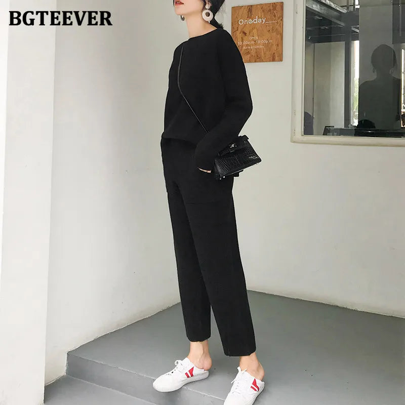 2021 Winter Casual Thick Sweater Tracksuits O-Neck Jumpers & Elastic Waist Pants Suit Female Knitted 2 Pieces Set