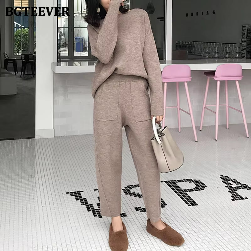 2021 Winter Casual Thick Sweater Tracksuits O-Neck Jumpers & Elastic Waist Pants Suit Female Knitted 2 Pieces Set