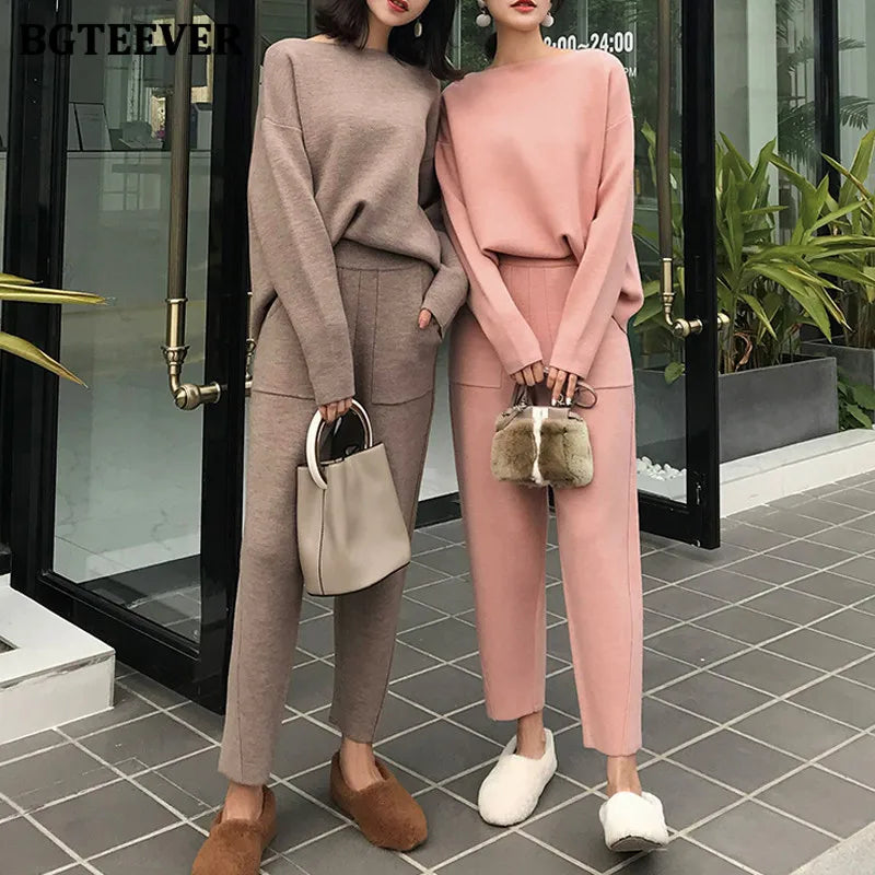 2021 Winter Casual Thick Sweater Tracksuits O-Neck Jumpers & Elastic Waist Pants Suit Female Knitted 2 Pieces Set